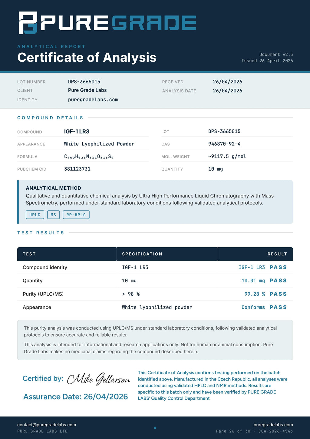 IGF-1 LR3: 1MG - Pure Grade Labs