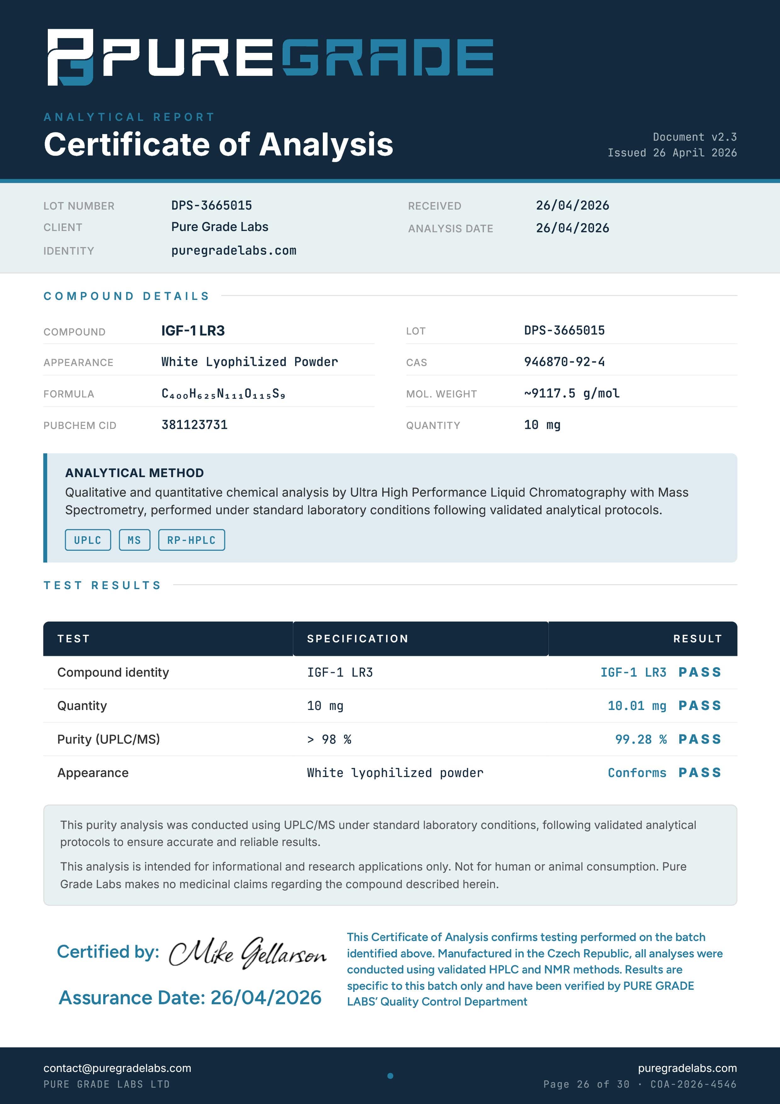 IGF-1 LR3: 1MG - Pure Grade Labs